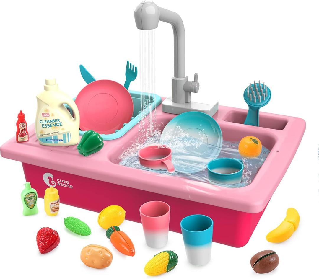 CUTE STONE Color Changing Play Kitchen Sink Toys, Children Electric Dishwasher Playing Toy with Running Water,Upgraded Real Faucet and Play Dishes,Pretend Role Play Toys for Kids Boys Girls (Dark Pink)