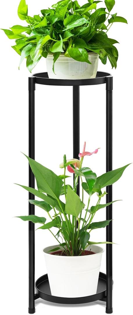 VeyFolzin.st 2 Tier Round Tall Metal Plant Stand indoor outdoor, Rustproof Round Planter Display Storage Rack, Heavy Duty Potted Holder for Home Garden Patio Bathroom Living Room(Black)