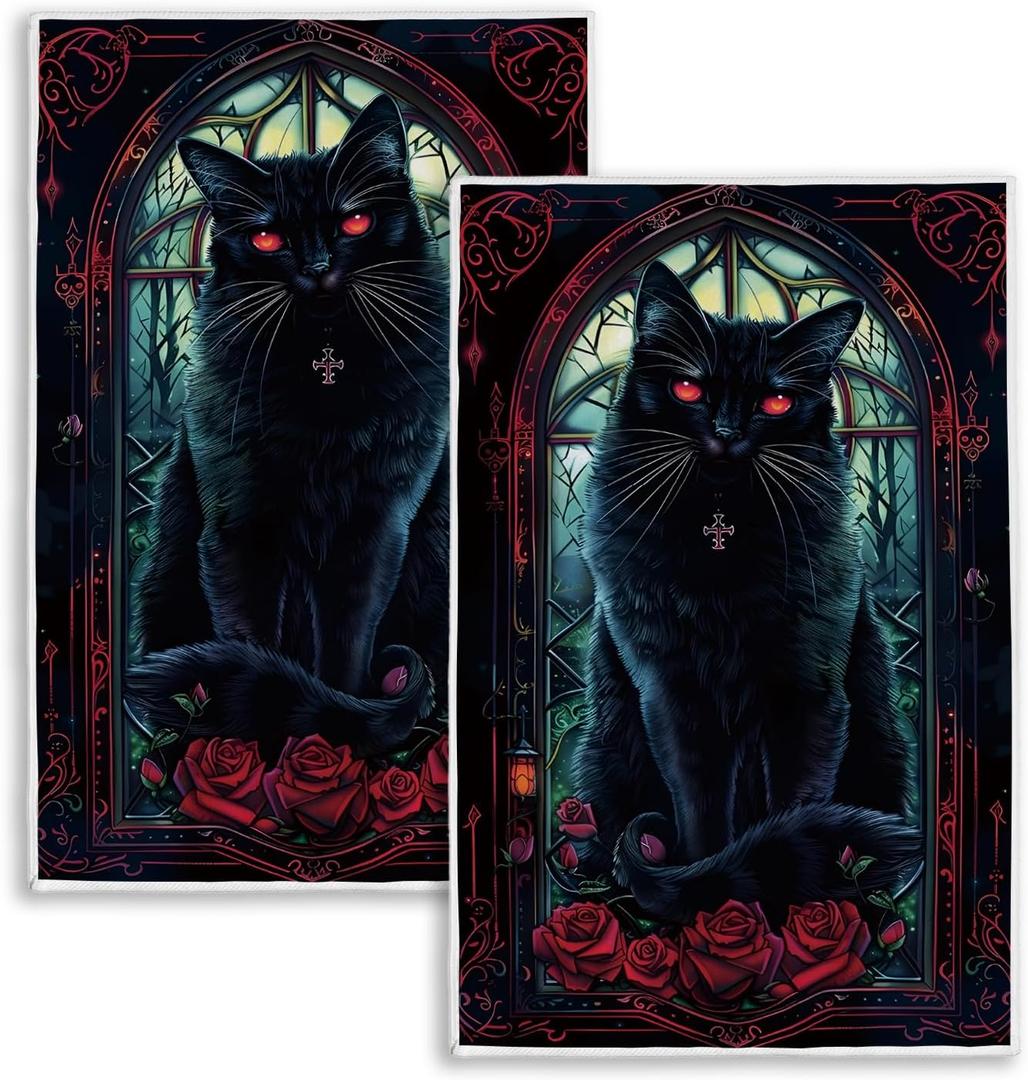 3 x Rvsticty Gothic Halloween Kitchen Towels Set of 2,Gothic Roses Black Cat Dish Towels Goth Halloween Day of The Dead Decoration and Supplies for Home Kitchen Dining-18X26''