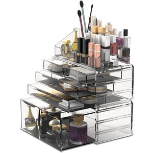 READAEER Makeup Organizer 3 Pieces Cosmetic Storage Case with 6 Drawers (Clear)