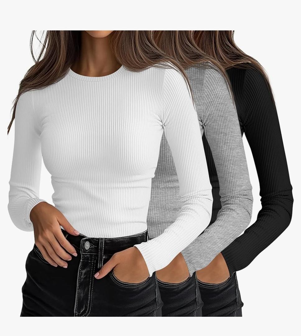 Ficerd 3 Pack Women's Ribbed Long Sleeve Tops, Crew Neck Slim Fit Undershirts Knit Basic Casual Stretch Layering Tee Shirts, XL