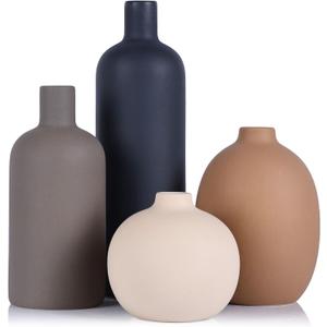 Ceramic Vase Set of 4, Modern Vases Home Decor, Neutral Decorative Vase for Bouquet Pampas Grass Dried Fresh Flowers, Small Vase for Living Room, Kitchen, Bedroom, Bathroom, Entryway Mantel, Decor