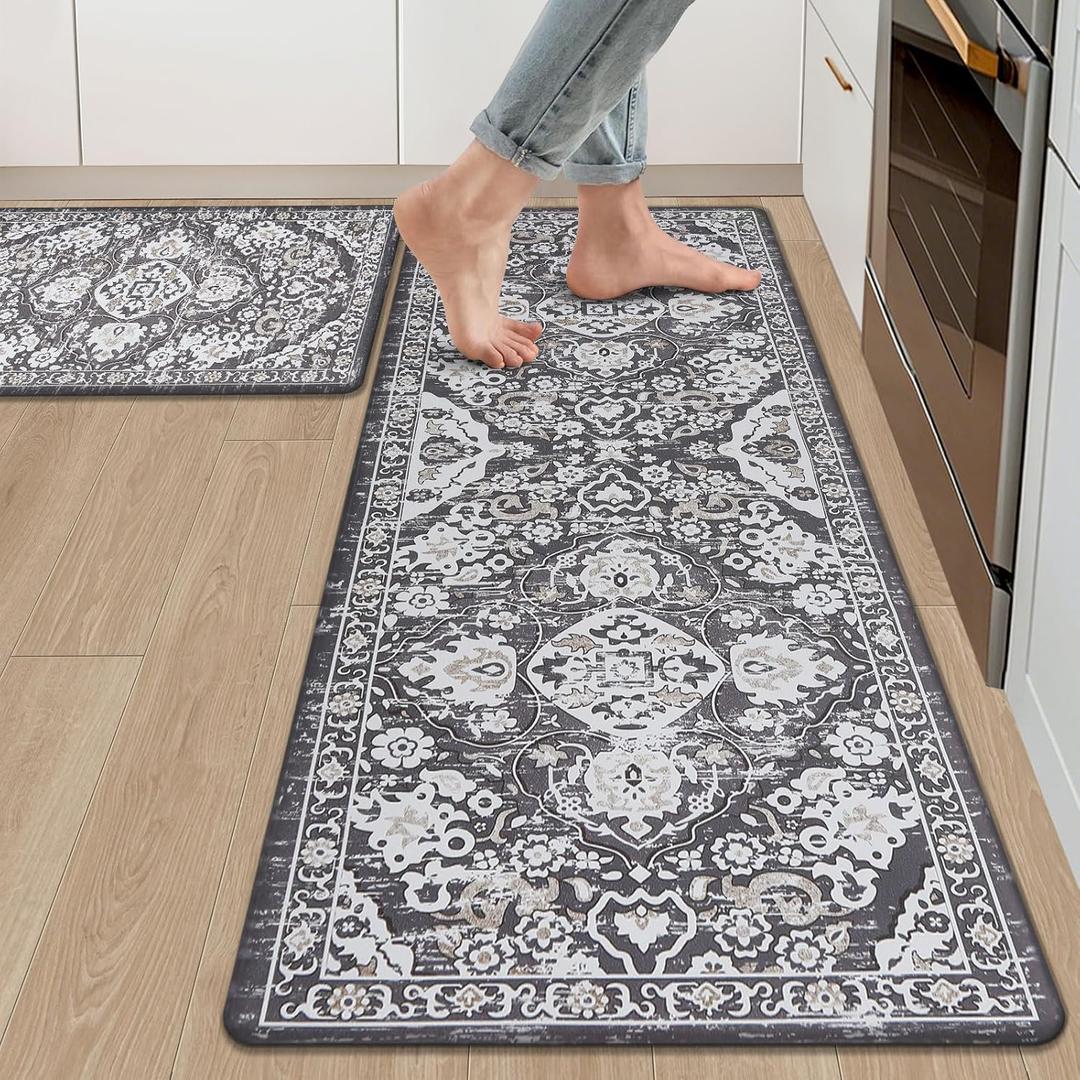 Ileading Anti Fatigue Kitchen Rugs Sets of 2 Cushioned Kitchen Mats for Floor Waterproof Kitchen Mat Set Non Slip Comfort Standing Mat for Kitchen, Office, Sink, Laundry (17"x47"+17"x28"-0.4", Black/Grey)