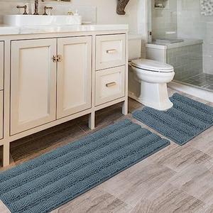 H.VERSAILTEX Bathroom Rugs Bath Rug Set 2 Piece Bathroom Contour Rug Toilet Mat Sets Non Slip Contour Bath Rug Ultra Thick Water Absorbent Striped Bath Mats(47" x 17" Plus 20" x 20" U, Stone Blue)