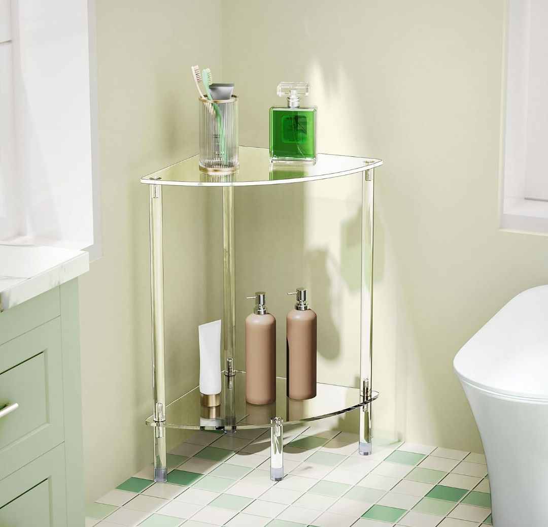 Clear Triangle Acrylic Side Table for Small Space, 11.81" L x 11.81" W x 19.82" H, 2-Tier Corner Shelf Stand End Table for Living Room Bedroom, Corner Display Rack Storage Shelf for Bathroom