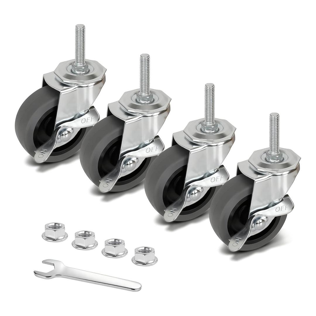 AAGUT Caster Wheels, 3 Inch Rubber Heavy Duty 3/8"-16 x1-1/2 Threaded Stem Industrial Castors, Locking Brakes Metal Swivel Wheel, Replacement for Carts Furniture Dolly Workbench Trolley,Set of 4