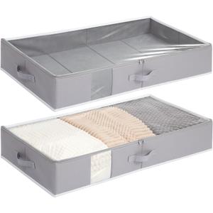 Under Bed Storage Bins, Underbed Storage Containers, Clear Bins Under Bed, Closet Organizers, Foldable Sturdy Underbed Storage Box For Clothing, Blankets, Towels, Quilts, Gray, 2 Pack