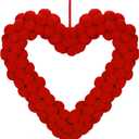 ANVAVO Wool Felt Pom Pom Wreath 13 Inch Valentine Heart Wreath Front Hanger Decoration Double-Sided Winding Felt Ball Garland for Anniversary Wedding Party Home, Red