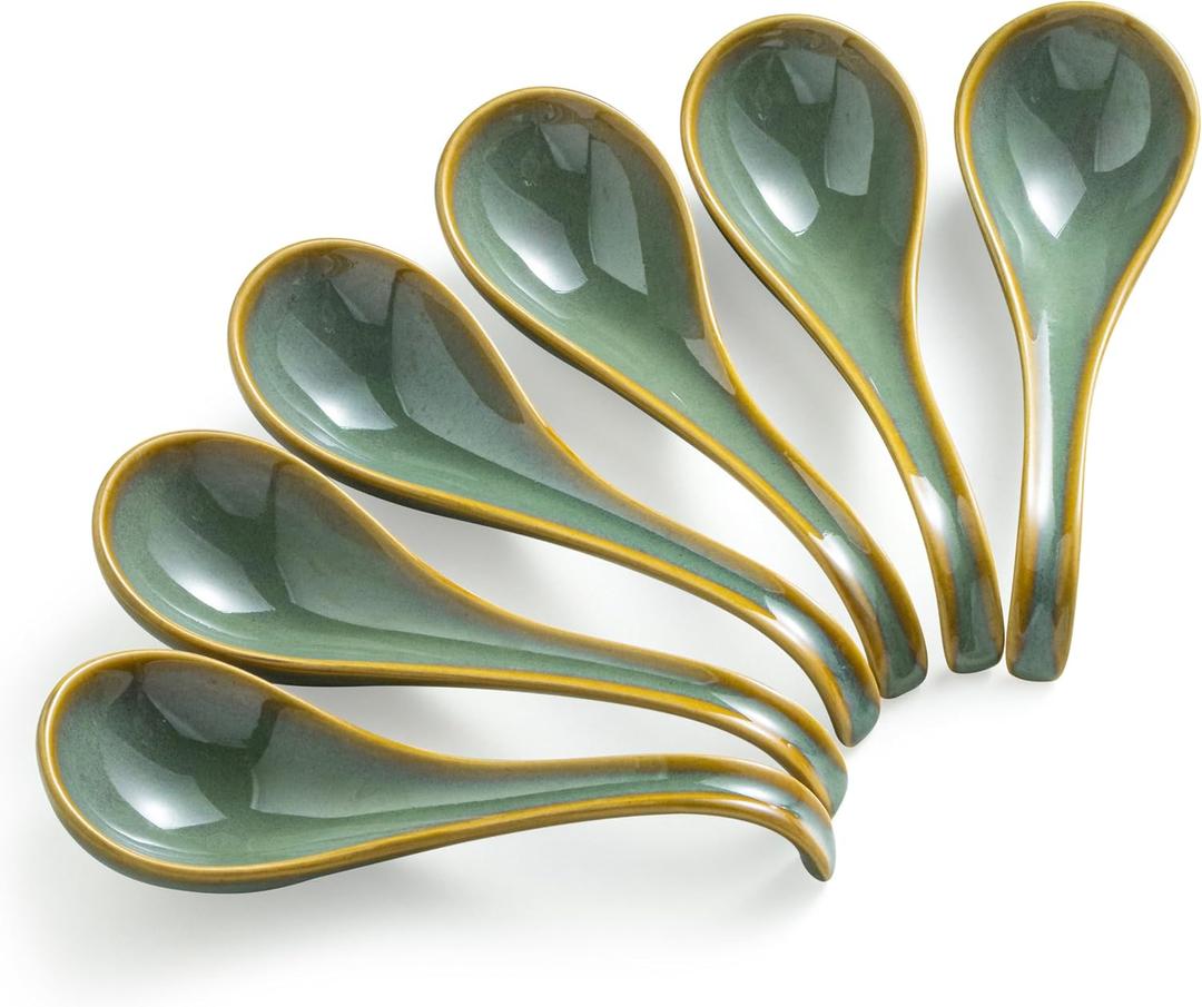 Gomakren Soup Spoons Set of 6, Asian Soup Spoons 6.5 Inch Ramen Spoons, Christmas Ceramic Chinese Spoon Set for Soup, Cereal, Pho, Noodles, Dumpling, Mothers Day Gifts, Dishwasher Safe, Blue-Green