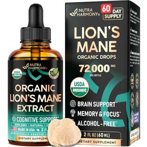 Lions Mane Liquid - USDA Certified Organic Lions Mane Supplement - Brain Support, Energy, Memory & Focus - Sugar & Alcohol-Free Lion's Mane Mushroom Extract 72,000 mg / Bottle, 2 Fl OZ, 2 Month Supply