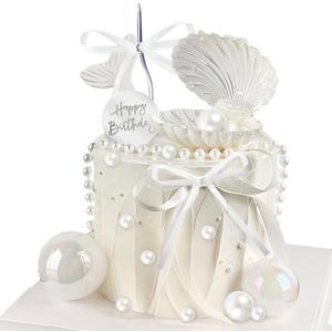 Knana 39Pcs Bow Cake Topper Shell Pearl Cake Decorations with Happy Birthday Cake Topper for Baby Shower Party Favors