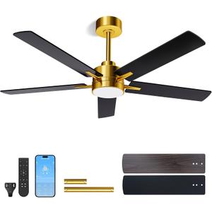 LANMEL 52'' Black and Gold Ceiling Fans with Lights and Remote, 6 Speed Low Profile Modern Ceiling Fan with Quiet DC Motor for Indoor Outdoor Bedroom Living Room