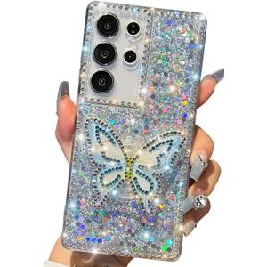 Cute Compatible with Samsung Galaxy S23 Ultra 6.8 inch Girly Case, Bling Glitter Diamond Butterfly Kickstand Case, Soft Silicone Cases for Women(Silver)