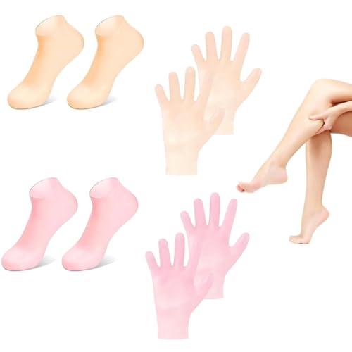 4 Pairs Silicone Moisturizing Glove Socks Set for Dry Cracked Feet and Hands, Anti Slip Spa Socks Women Gel Pedicure Socks for Foot Hand Softening Foot Care After Pedicure