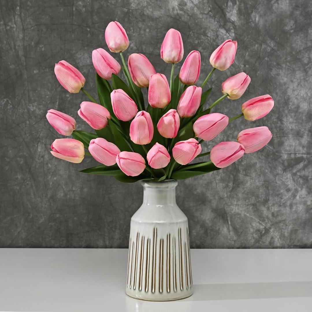 Yastouay 12-Pack Pink Tulips Artificial Flowers, Real Touch Latex Faux Tulips with Large Full Buds, Lifelike Vibrant Fake Tulips Bouquet for Spring Wedding Home Dcor, Table & Party Centerpiece