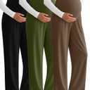 3 Pack Women's Maternity Pants Over The Belly Pregnancy Pants Stretchy Loose Wide Leg Lounge Pajama with Pockets (Medium, Black, Army Green, Coffee)