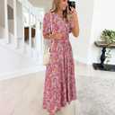 ZESICA Women's 2026 Summer Spring Floral Boho Maxi Dresses Casual Short Sleeve V Neck A Line Flowy Beach Vacation Dress (Pink)