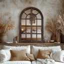 AMOISE Arched Wall Mirror with Wood Window Pane Frame, 26 x 38 Inch, Brown