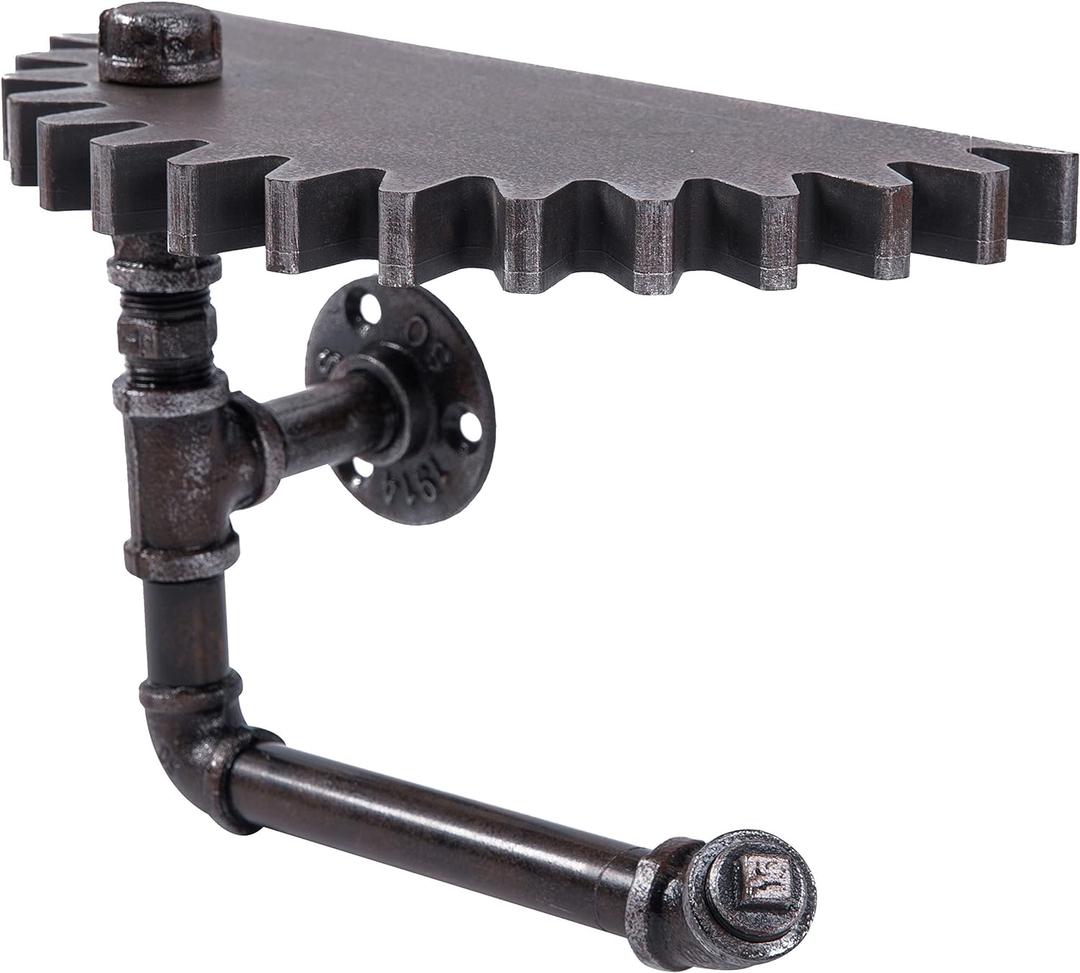 MyGift 1pcs Wall Mounted Black Patina Metal Floating Shelf with Industrial Metal Pipe Wall Bracket, Toilet Paper Holder Stand,Hanging Shelf Rack with Steampunk Gear Design