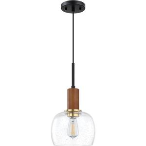 1 Light Hanging Kitchen Island Pendant Light 7.3" Clear Drum Seeded Glass Indoor Natural Wood Pendant Ceiling Light Fixtures,Black Brushed Bronze Finish Modern Farmhouse Dinning Over Sink