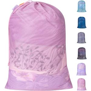 Polecasa Heavy Duty Diamond Large Mesh Laundry Bag with ID Tag and Locking Drawstring Closure - 24 x 36 inches - Laundry Hamper Liner, Washable Laundry Bags for Travel, Sports, Dorms (Pink)