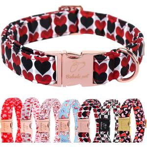 Valentines Dog Collar, Red Black Heart Valentine Pet Collar with Metal Buckle, Durable Adjustable Holiday Dog Collars for Small Medium Large Dogs XS