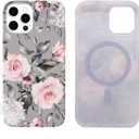 Magnetic Case for iPhone 12/12 Pro 6.1" Compatible with MagSafe - Soft TPU, Slim, Shockproof, Protective, Cute Gray Pink Floral & Screen Protector