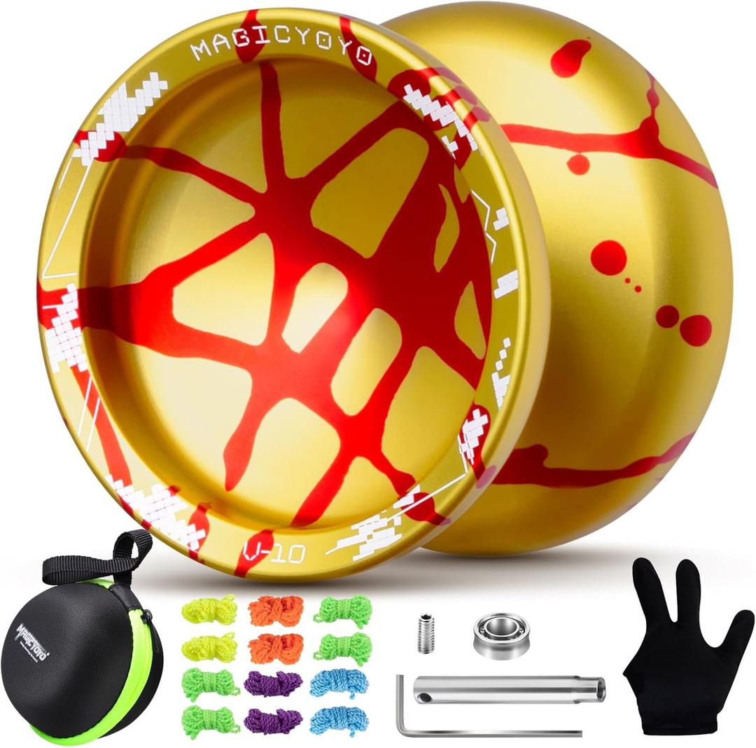 MAGICYOYO V10 Finger Spin Yoyo Professional Metal Trick Yoyo Responsive & Unresponsive Dual Purpose Yo Yo with Storage Case + Yo Yo Glove +12 Strings(Golden Red)