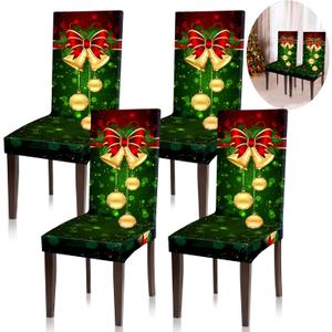 Moukeren 4 Pcs Green Christmas Chair Covers Set Stretch Removable Washable Christmas Dining Chair Seat Covers for Home Hotel Dining Room Kitchen Banquet Wedding Xmas Party Decor