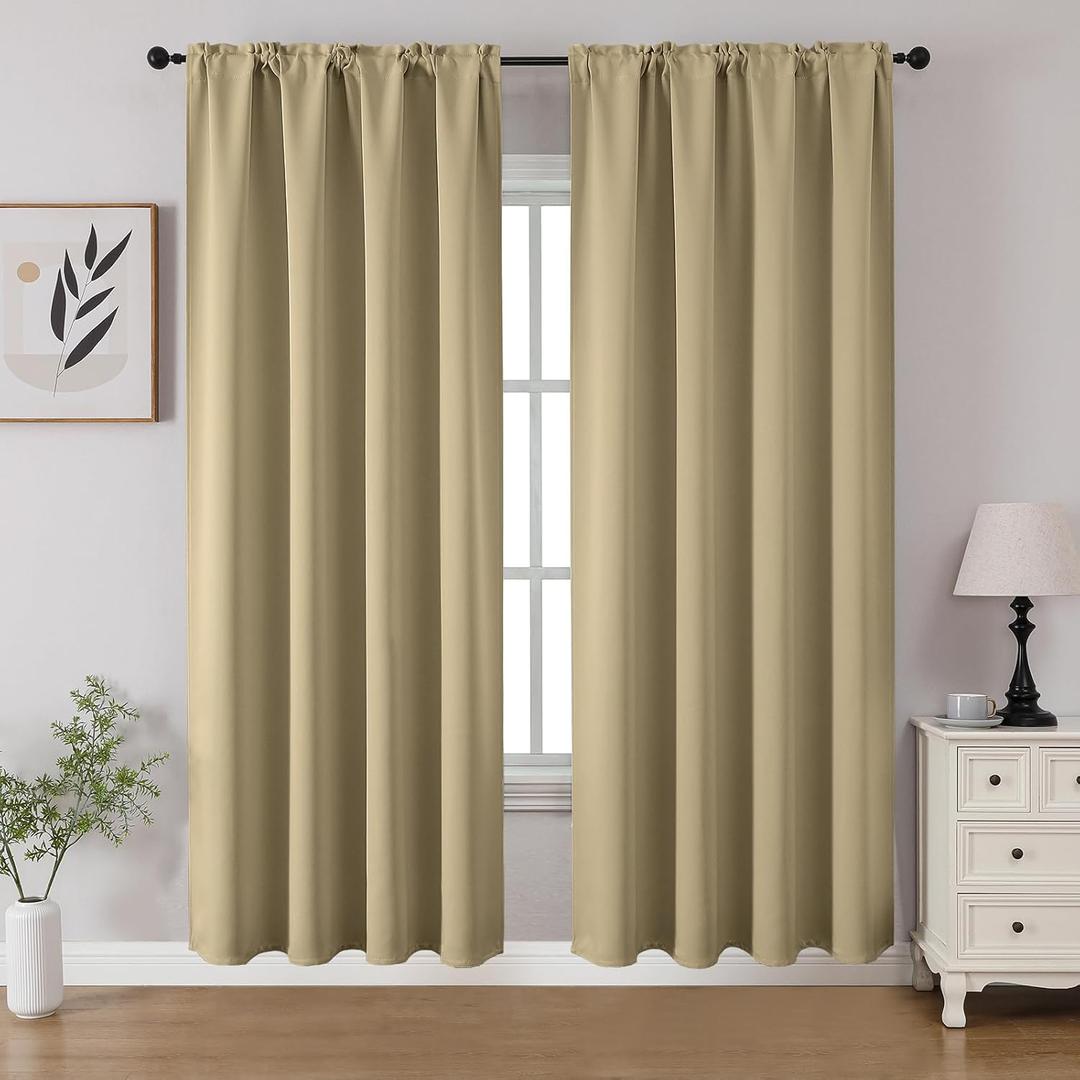 CUCRAF Beige Blackout Curtains 72 inch Length 2 Panels Set, Rod Pocket Room Darkening Drapes for Bedroom Living Room, Insulated Thermal Light Blocking Window Curtain (W52 x L72 Inch)