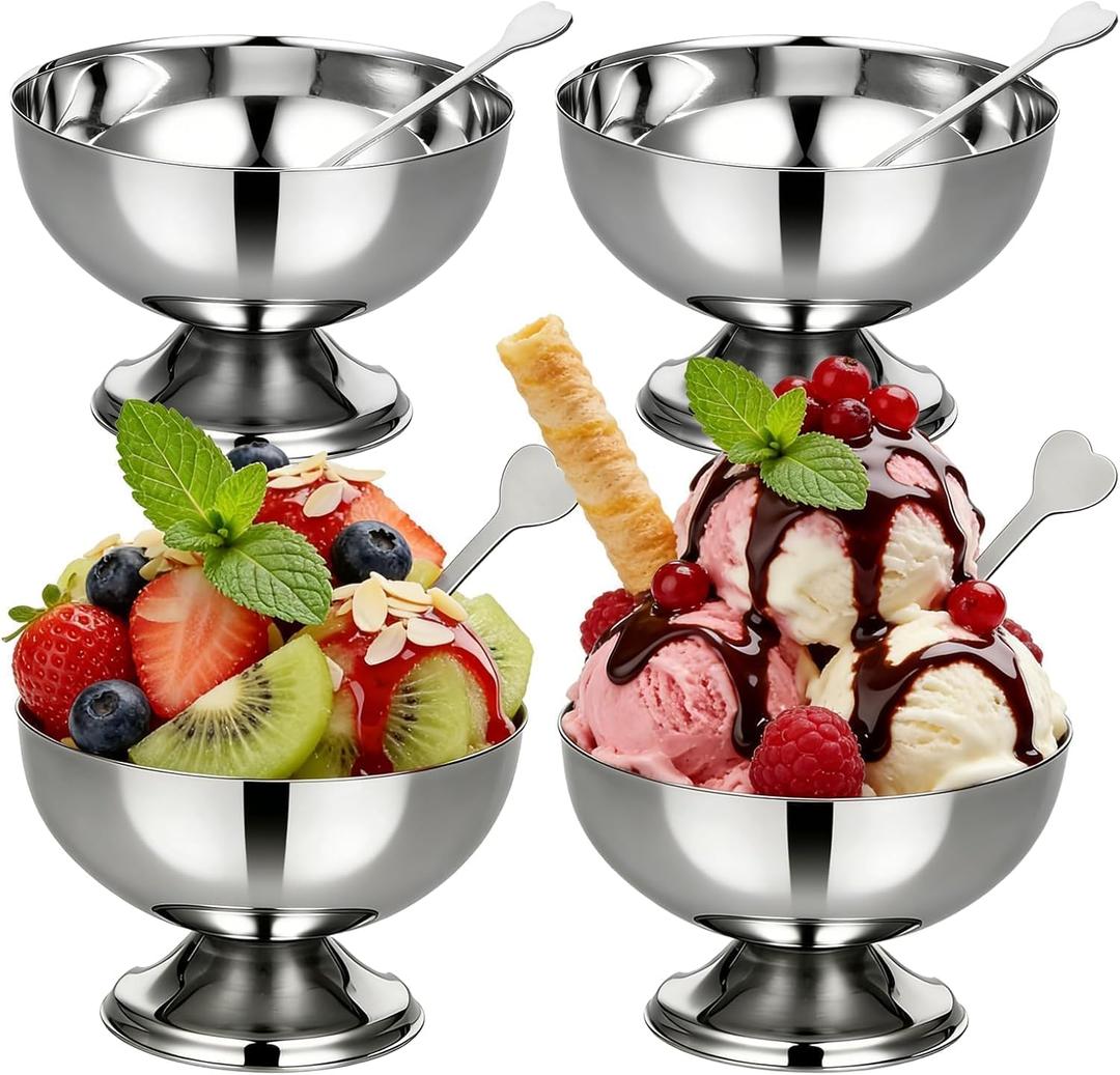 4PCS Small Stainless Steel Ice Cream Cups,5.5OZ Silver Dessert Bowls with Forks Small Metal Footed Cup for Serving Salad Summer Luau Party Supply,Coupe Glasses for Sundae Fruit Ice Cream Pudding Sauce