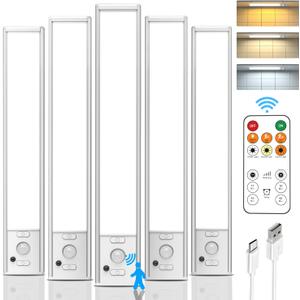 Under Cabinet Lights with Remote Control, USB Rechargeable Battery 180 Lumen Motion Sensor Indoor Light,5 Pack Wireless Under Counter Light,3 Color Dimmable Closet Lighting for Kitchen,Stairs,Wardrobe (White-9 Inch)