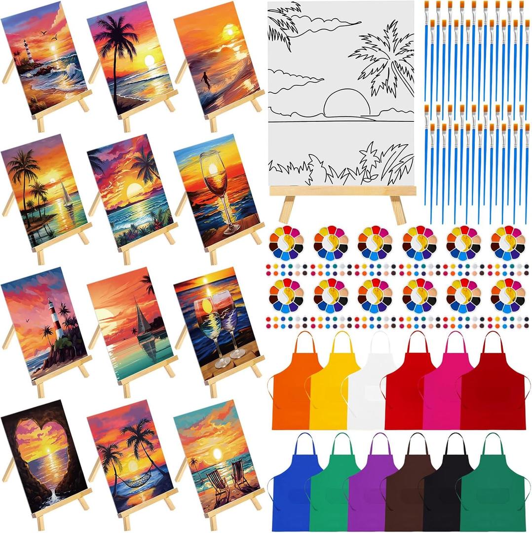 Motipuns 12 Set Pre Drawn Canvas for Painting for Adults Sip and Paint Kit with Easels 8 x 10 Inches Paint Party Kit with Printed Canvas Paints Brushes Palette Apron