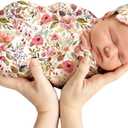 Receiving Blankets for Baby Girls Swaddle Blanket with Headband Set for 0-3 Month Cotton Knitted Newborn Swaddle Wrap Perfect Shower Gift (Pink Flower)