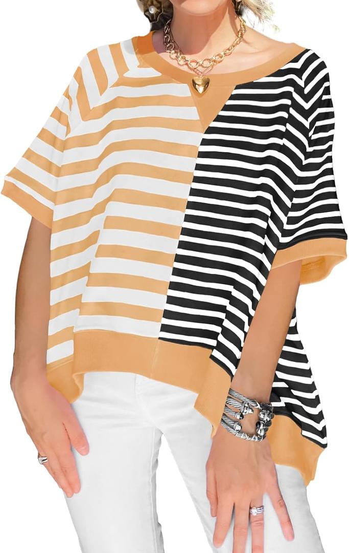 Tankaneo Womens Oversized Color Block Striped T-Shirts Summer Casual Short Sleeve Tops Trendy Loose Fit Crew Neck Tees