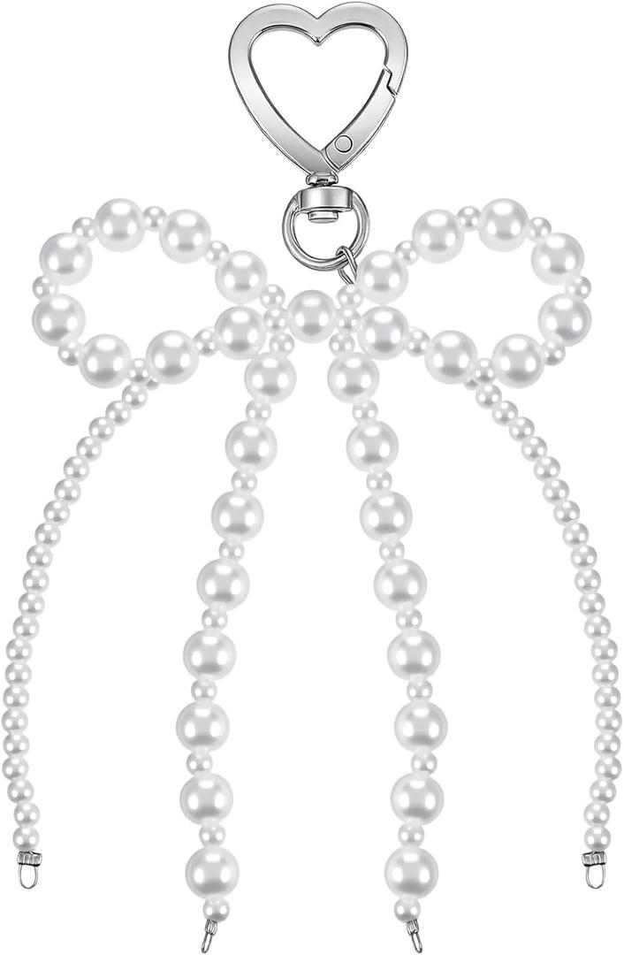 Nogeqi Pearl Bow Keychain Cute White Pearl Bag Charm, Elegant Heart Y2k Bow Purse Charms for Handbags for Women Girls