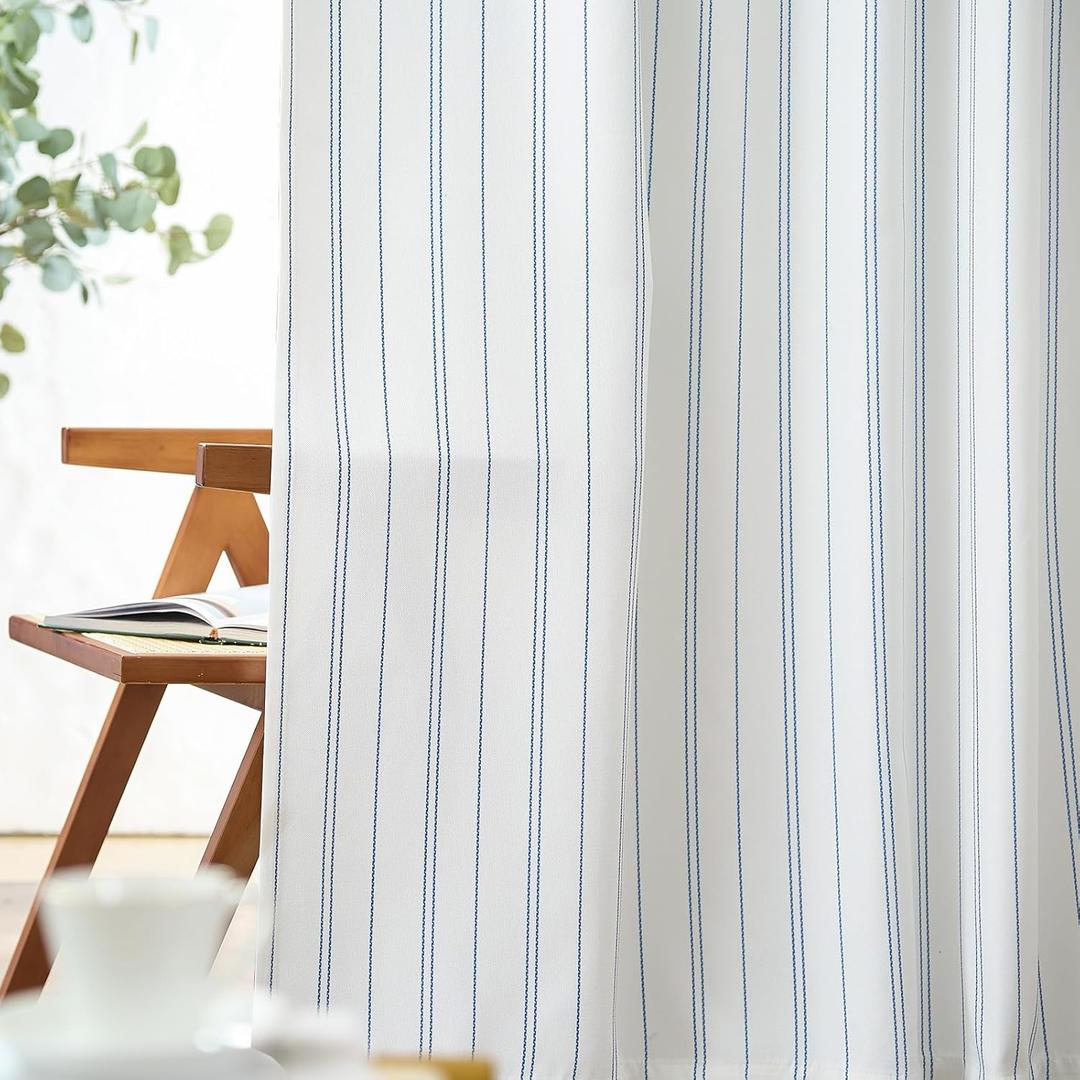 Jinchan White Curtains Blue Striped Curtains 96 Inch Length for Living Room Bedroom Window Treatment Modern Linen Look Ticking Stripe Pinstripe Privacy Light Filtering Back Tab Rod Pocket 2 Panels