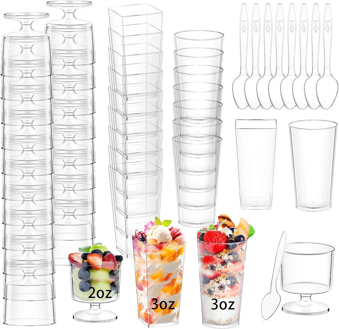 240 Packs 2/3 oz Mini Dessert Cups with Spoons, Square/Round/Round Goblet Clear Dessert Parfait Cups, Mini Plastic Dessert Cups Small Reusable Fruit Ice Cream Pudding Appetizer Cup Bowls (style1)