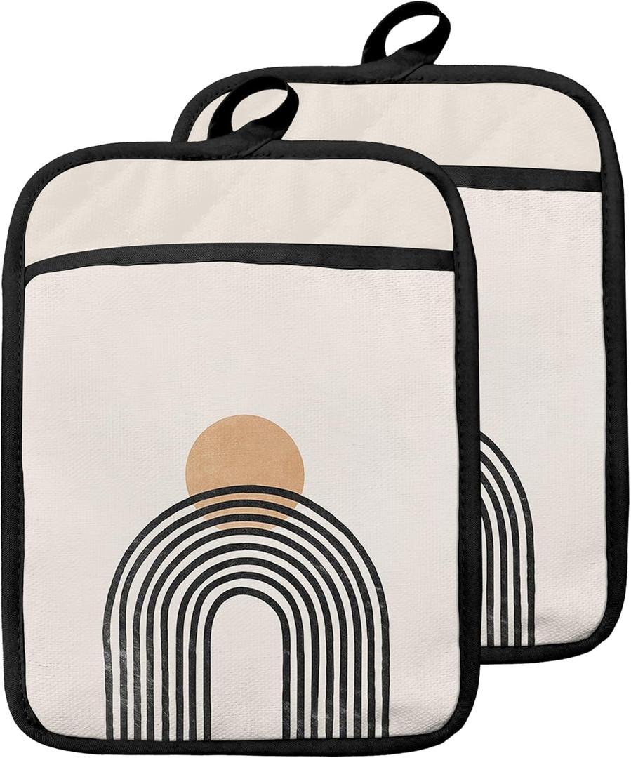 Boho Abstract Pot Holders with Pockets, Mid Century Modern Abstract Neutral Minimalist Sun Oven Pot Holders Heat Resistant Oven Mitts Hot Pads for Kitchen Baking Cooking