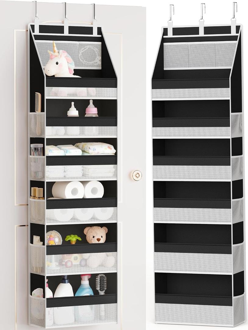Criusia Over the Door Organizer, Heavy-Duty 6-Shelf Hanging Storage with 13 Mesh Pockets, 55lbs Capacity Behind the Door Storage for Nursery, Bathroom, Bedroom, and Dorm, Black