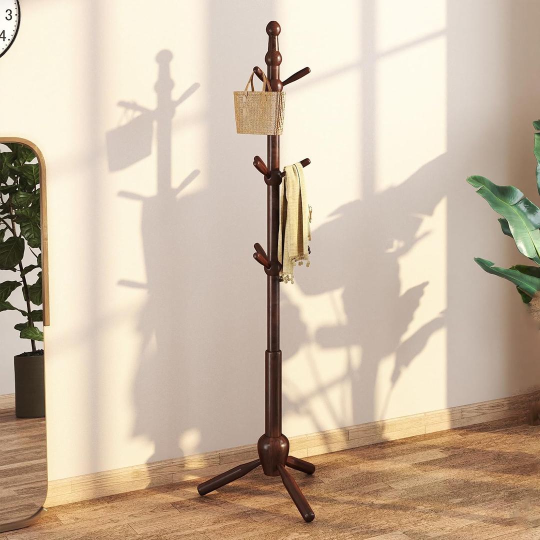 Solid Wood Coat Rack Stand, Vintage Heavy Duty Coat Hanger Stand with 9 Hooks, 3 Adjustable Size Sturdy Coat Tree for Living Room, Entryway, Office, Hallway, Brown