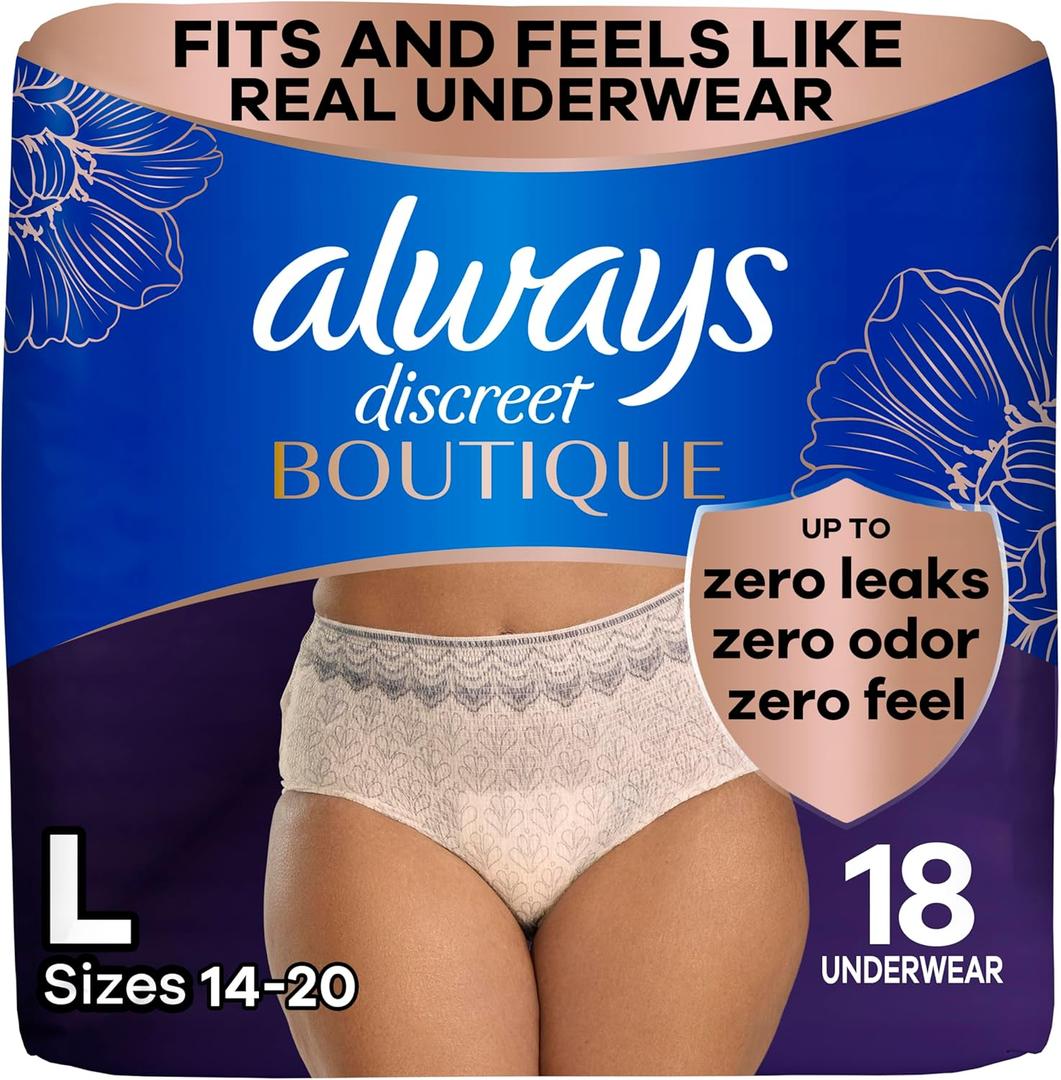 Always Discreet Boutique Incontinence and Postpartum Underwear for Women, Maximum Protection, Large, Rosy, 18 Count