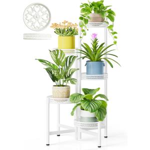 Metal Plant Stand Indoor Outdoor, 5 Tier Tall Flower Pot Holder Potted Display Rack Shelf, Heavy Duty Corner Plant Shelf for Patio Garden Balcony Living Room Bedroom - WhiteWave