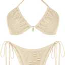 seamoly Women's Bikini Sets Halter Fishnet Shell Decorated Two Piece Swimsuit Sexy Side Tie Thong Bandeau Bathing Suits (Beige), XL