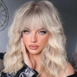 WERD Platinum Blonde Bob Wig for Women Short Blond Wavy Wig with Bangs Natural Looking Synthetic Ombre Blonde Curly Wig for Daily Party Use