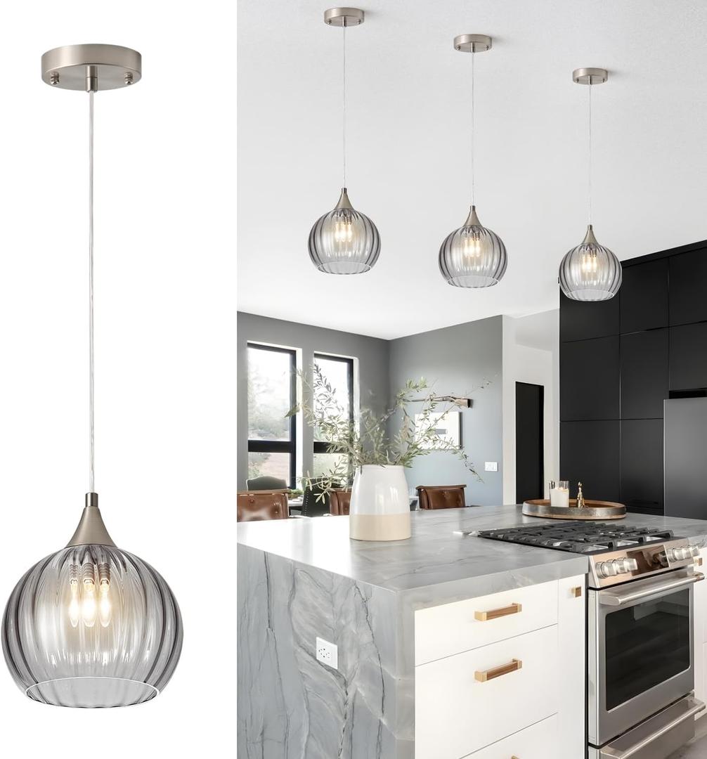 Brushed Nickel Pendant Lights Kitchen Island, 1-Light 8" Large Globe Glass Hanging Light Fixtures with Clear Glass, Modern Kitchen Pendant Lighting Over Island for Sink Bathroom, OS-JJ528-1PBN