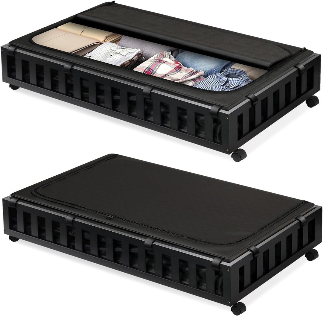 2 Pack Bamboo Under Bed Storage with Wheels, 39x20x7.8 Lager Under Bed Storage Containers (Black)
