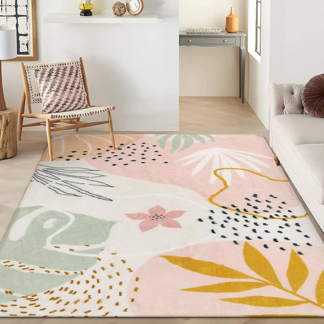 Lahome Washable Pink Area Rugs 9x12 Living Room Carpet Non-Slip Backing Ultra-Thin Extra Large Rug Lightweight Throw Non Shedding Dining Room RugBoho Botanical Print Rug for Bedroom Guest Room Home