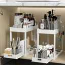 2PC Under Sink Organizer Rack 2 Tier Under Sliding Cabinet Basket Organizer Drawer with 4 Hooks, Multi-purpose Under Sink Storage for Bathroom Kitchen DesktopWhite