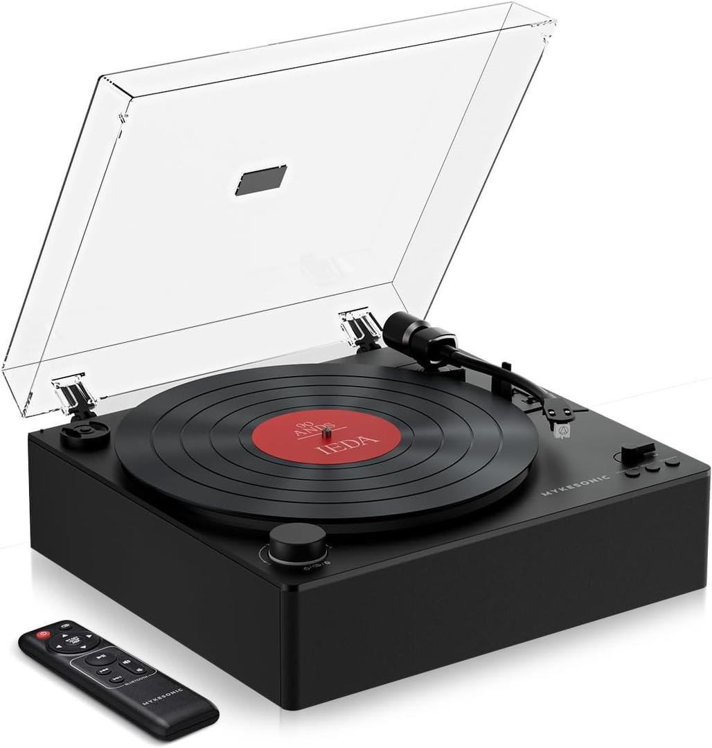 Automatic Record Player, Bluetooth Belt Drive Vinyl Turntable, Magnetic AT-3600L Cartridge, Bluetooth in & Out, Hi-Fi Stereo Speakers, Aux in Headphone, RCA Out with Remote Control (Midnight Black)